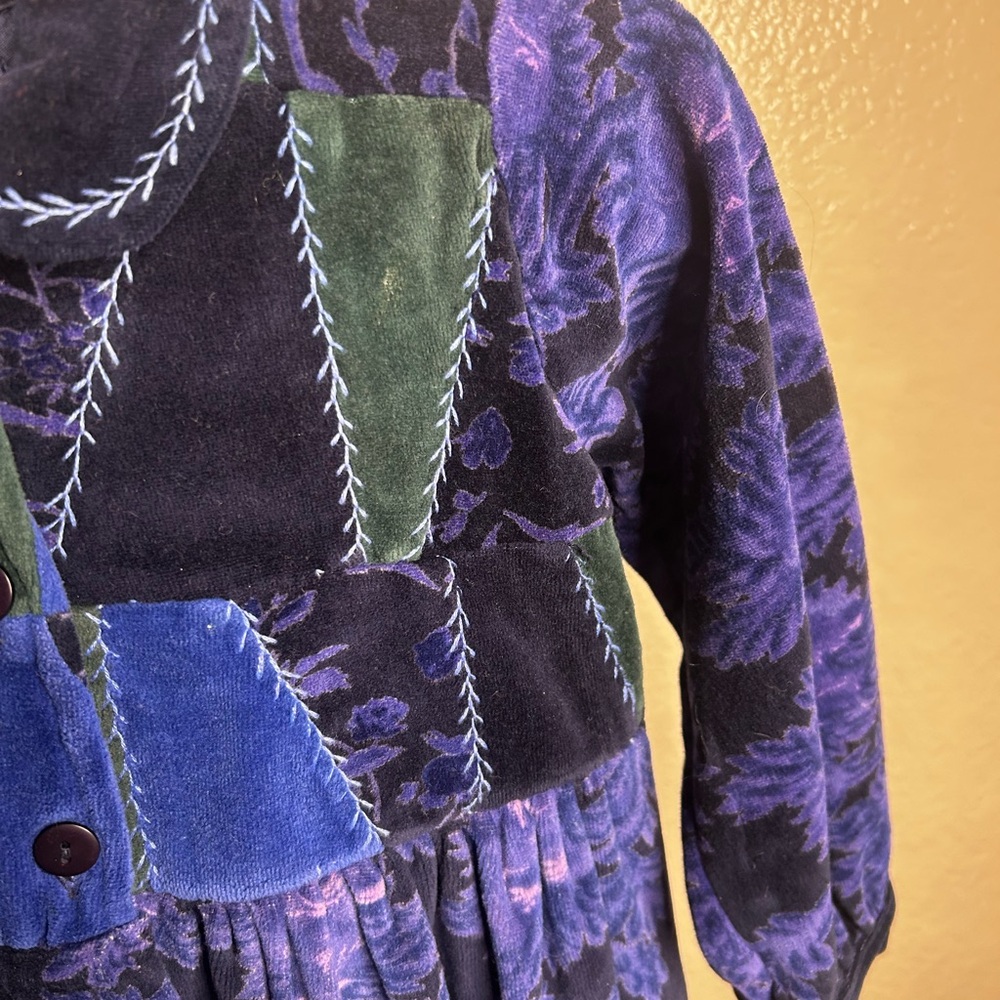 Vintage Cornelloki Velvet Blue Patchwork Button Front Dress Size 3/4 - Picture 4 of 5